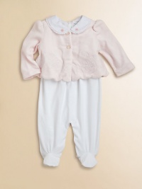 An adorable set pairs a pretty embroidered coverall with a velour cardigan for the perfect set. Coverall Peter Pan collarLong puffed sleevesBack buttonsGathered empire waistBottom snaps Cardigan CrewneckLong puffed sleevesButton-frontScalloped hemCottonMachine washImported Please note: Number of buttons may vary depending on size ordered. An adorable set pairs a pretty embroidered coverall with a velour cardigan for the perfect set. Coverall Peter Pan collarLong puffed sleevesBack buttonsGathered empire waistBottom snaps Cardigan CrewneckLong puffed sleevesButton-frontScalloped hemCottonMachine washImported Please note: Number of buttons may vary depending on size ordered.