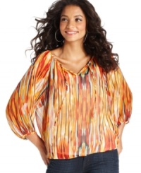 Energize your wardrobe with one easy top, from Cha Cha Vente. The colorful print on a sheer peasant-top silhouette looks ultra-chic with dark jeans. Energize your wardrobe with one easy top, from Cha Cha Vente. The colorful print on a sheer peasant-top silhouette looks ultra-chic with dark jeans.