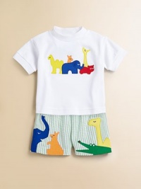 A colorful zoo animal appliqué lends this cozy knit a little wild and wooly touch.CrewneckShort sleevesPullover styleRibbed collar and armbandsCottonMachine washImported A colorful zoo animal appliqué lends this cozy knit a little wild and wooly touch.CrewneckShort sleevesPullover styleRibbed collar and armbandsCottonMachine washImported