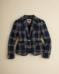 Juicy Couture has fun with a retro-inspired blazer, updated for her with peplum ruffles, bold plaid prints and goldtone hardware. Juicy Couture has fun with a retro-inspired blazer, updated for her with peplum ruffles, bold plaid prints and goldtone hardware.