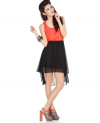 Take colorblock style for a whirl with this dress from Material Girl! A dark illusion skirt creates the perfect, floaty anchor to a top of striking hue. Take colorblock style for a whirl with this dress from Material Girl! A dark illusion skirt creates the perfect, floaty anchor to a top of striking hue.