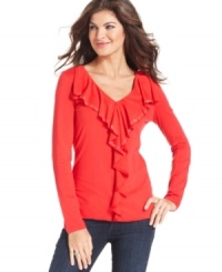 Elevate your casual wardrobe with Jones New York Signature's studded, ruffled top. Pair it with jeans for an easy weekend look. Elevate your casual wardrobe with Jones New York Signature's studded, ruffled top. Pair it with jeans for an easy weekend look.