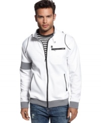 Hit the ground running with this tech savvy track jacket from Marc Ecko Cut & Sew Jacket. Hit the ground running with this tech savvy track jacket from Marc Ecko Cut & Sew Jacket.