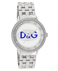 The bold and the beautiful. Watch by D&G crafted of stainless steel bracelet and round case. Bezel embellished with crystal accents. Silver tone dial features crystal accents at markers, minute track, three silver tone hands and large blue logo among cluster of crystal accents at center. Quartz movement. Water resistant to 30 meters. Two-year limited warranty. The bold and the beautiful. Watch by D&G crafted of stainless steel bracelet and round case. Bezel embellished with crystal accents. Silver tone dial features crystal accents at markers, minute track, three silver tone hands and large blue logo among cluster of crystal accents at center. Quartz movement. Water resistant to 30 meters. Two-year limited warranty.