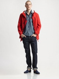 Its all about the details with this sleek, outerwear staple, perfect for transitional weather and the like, complete with an attached hood, hook closure and an array of pockets.Zip-frontHook closure placketAttached hoodSide slash, waist flap pocketsAbout 31 from shoulder to hem90% cotton/10% polyurethaneDry cleanImported Its all about the details with this sleek, outerwear staple, perfect for transitional weather and the like, complete with an attached hood, hook closure and an array of pockets.Zip-frontHook closure placketAttached hoodSide slash, waist flap pocketsAbout 31 from shoulder to hem90% cotton/10% polyurethaneDry cleanImported