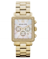 Crystal shimmer borders this elegant gold tone watch from Michael Kors' Hudson collection. Crystal shimmer borders this elegant gold tone watch from Michael Kors' Hudson collection.