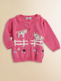 Floral ponies gracefully graze in a flower-sprinkled pasture on the front of a charming cardigan with a pretty ruffle.Ribbed crewneck with ruffleSoft gathering at the shouldersLong sleeves with ribbed cuffsRibbed button placketFront appliqués and embroideryRibbed bottomCottonMachine washImported Please note: Number of buttons may vary depending on size ordered. 