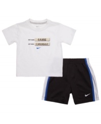 Mix it up. The comfort of this t-shirt and short set from Nike is sure to be a game changer so he can comfortably play all day long. Mix it up. The comfort of this t-shirt and short set from Nike is sure to be a game changer so he can comfortably play all day long.