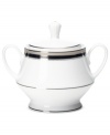 An instant classic, the Austin Platinum sugar bowl from Noritake layers ribbons of black, patterned platinum bands and shimmering dots in white fine china.