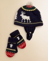 A reindeer hat and mitten set is the perfect wintertime accessory for stylish warmth in the colder months.Hat features contrast stitching and chin strap with single button closureMittens feature ribbed turn-back cuffs and flat-knit handCottonMachine washImported