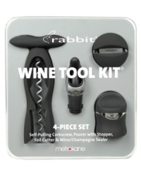 Four essential tools for opening, pouring and sealing a fresh bottle of red, white or bubbly make this Metrokane wine tool kit, featuring the famous Rabbit corkscrew, a pleasure to give and receive. Four essential tools for opening, pouring and sealing a fresh bottle of red, white or bubbly make this Metrokane wine tool kit, featuring the famous Rabbit corkscrew, a pleasure to give and receive.