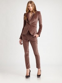 A modern, blazer-style silhouette in gorgeous plush velvet with stunning silky details.Notch collarLong sleeves with button cuffsSingle button front closurePrincess seamsSingle chest slash pocketSide flap pocketsBack ventAbout 21 from shoulder to hemFully lined80% cotton/18% Tencell/2% spandexImportedModel shown is 5'10 (177cm) wearing US size 4. A modern, blazer-style silhouette in gorgeous plush velvet with stunning silky details.Notch collarLong sleeves with button cuffsSingle button front closurePrincess seamsSingle chest slash pocketSide flap pocketsBack ventAbout 21 from shoulder to hemFully lined80% cotton/18% Tencell/2% spandexImportedModel shown is 5'10 (177cm) wearing US size 4.