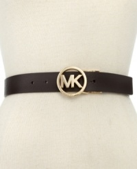 Opt for signature styling with this MK logo belt from MICHAEL Michael Kors that features a luxe circular buckle. The reversible style lets you create another look altogether. Opt for signature styling with this MK logo belt from MICHAEL Michael Kors that features a luxe circular buckle. The reversible style lets you create another look altogether.