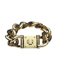 Timeless glamour is a hallmark of the Michael Kors brand. Make the look your new signature with this classically styled tortoise shell link bracelet, accented by a bold, gold-plated metal buckle. Timeless glamour is a hallmark of the Michael Kors brand. Make the look your new signature with this classically styled tortoise shell link bracelet, accented by a bold, gold-plated metal buckle.