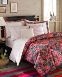 The Midnight comforter set features a vibrantly colored wildflower garden over a black ground. A polka-dotted reverse allows you to mix and match to suit your mood. Complete the look with the Midnight striped sheet set for extra ladylike luxe. (Clearance) The Midnight comforter set features a vibrantly colored wildflower garden over a black ground. A polka-dotted reverse allows you to mix and match to suit your mood. Complete the look with the Midnight striped sheet set for extra ladylike luxe. (Clearance)