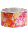 Infuse your look with the wild colors and exotic prints of Brasil. Crafted in silver tone mixed metal Haskell's Palm bangle features pink, orange and yellow palm leaf details and a hinge clasp. Approximate diameter: 2-1/2 inches. Approximate length: 8 inches. Item comes packaged in a pink gift box.