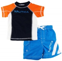 Nautica Infant Boys Orange/Blue Print Rash Guard Swim Top w/ Shorts 2 Pc s12-24M Nautica Infant Boys Orange/Blue Print Rash Guard Swim Top w/ Shorts 2 Pc s12-24M