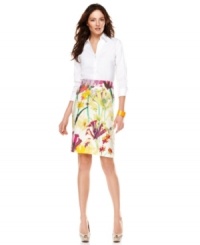 A watercolor floral print adds a bold splash of summer style on this otherwise classic petite Calvin Klein pencil skirt! A watercolor floral print adds a bold splash of summer style on this otherwise classic petite Calvin Klein pencil skirt!