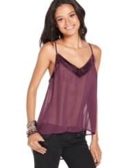 With its delicate interplay of velvet and chiffon, this high-low style camisole from Lily White is an easy-breezy match to your skinny jeans and cool accessories. With its delicate interplay of velvet and chiffon, this high-low style camisole from Lily White is an easy-breezy match to your skinny jeans and cool accessories.