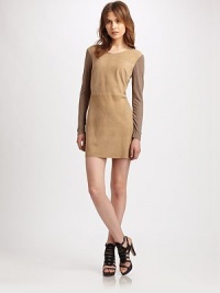 Buttery suede in an ultra-short silhouette with soft knit trim and an invisible back zipper. RoundneckLong knit sleevesInvisible back zipperFully linedAbout 16 from natural waistBody: Suede; Contrast: LyocellDry clean with leather specialistImportedModel shown is 5'10 (177cm) wearing US size 2. Buttery suede in an ultra-short silhouette with soft knit trim and an invisible back zipper. RoundneckLong knit sleevesInvisible back zipperFully linedAbout 16 from natural waistBody: Suede; Contrast: LyocellDry clean with leather specialistImportedModel shown is 5'10 (177cm) wearing US size 2.