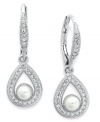 Polished and poised. Eliot Danori's teardrop earrings feature crystal accents and a simulated pearl (4 mm) with genuine mother-of-pearl coating. Finished with a leverback closure. Crafted in rhodium-plated mixed metal. Approximate drop: 1/2 inch.