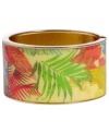 Infuse your look with the bold colors and exotic prints of Brasil. Crafted in gold tone mixed metal Haskell's Palm bangle features yellow, green and red palm leaf details and a hinge clasp. Approximate diameter: 2-1/2 inches. Approximate length: 8 inches. Item comes packaged in a pink gift box.