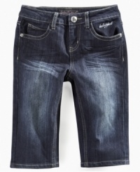 Flexible fashion. Not too long, not too short, these breezy skimmer shorts from Baby Phat are perfect for her to have fun in the summer weather. Flexible fashion. Not too long, not too short, these breezy skimmer shorts from Baby Phat are perfect for her to have fun in the summer weather.