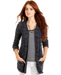 Say What? keeps you snug all season long with this cozy cardigan. Cable-knit details and warm pockets are perfect fall fashion touches. Say What? keeps you snug all season long with this cozy cardigan. Cable-knit details and warm pockets are perfect fall fashion touches.
