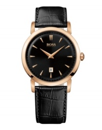 A casual timepiece for the understated gentleman. Watch by Hugo Boss crafted of black croc-embossed leather strap and round rose-gold tone stainless steel case. Black dial features applied rose-gold tone stick indices, date window at six o'clock, three hands and logo at twelve o'clock. Quartz movement. Water resistant to 50 meters. Two-year limited warranty. A casual timepiece for the understated gentleman. Watch by Hugo Boss crafted of black croc-embossed leather strap and round rose-gold tone stainless steel case. Black dial features applied rose-gold tone stick indices, date window at six o'clock, three hands and logo at twelve o'clock. Quartz movement. Water resistant to 50 meters. Two-year limited warranty.
