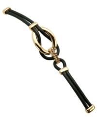 Equal parts luxe and leather. T Tahari's contemporary-chic cuff bracelet features overlapping loops in black leather, 14k gold-plated accents and sparkling Colorado crystals. Approximate diameter: 3-1/2 inches. Equal parts luxe and leather. T Tahari's contemporary-chic cuff bracelet features overlapping loops in black leather, 14k gold-plated accents and sparkling Colorado crystals. Approximate diameter: 3-1/2 inches.