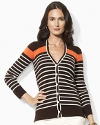 An earthy palette with a modern mix of stripes lends relaxed elegance to the Krystoff cardigan, rendered in stretch ribbed-knit cotton with a buttoned placket for cozy comfort.