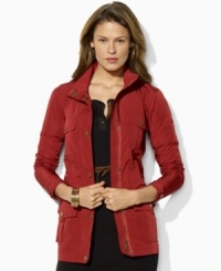 Rendered in sleek microfiber with utility details, Lauren by Ralph Lauren's mockneck jacket is a lightweight layering essential. Rendered in sleek microfiber with utility details, Lauren by Ralph Lauren's mockneck jacket is a lightweight layering essential.