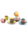 Perk right up with espresso cups and saucers glazed in cheerful solid colors. Sparkling platinum accents contrast shades of yellow, blue, orange and pink. From Classic Coffee & Tea by Yedi.