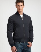 This lightweight bomber makes a smooth transition into those cool, autumn nights to come, effortlessly shaped in a rich cotton blend.Two-way zip frontStand collarSlash waist pocketsZippered pocket at sleeveRibbed knit collar, cuffs and hemAbout 24 from shoulder to hem98% cotton/2% elastaneMachine washMade in USA