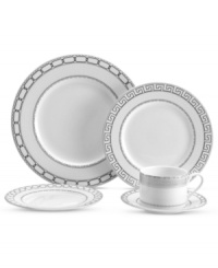 Watch a striking table take shape with the Calista place setting from Mikasa. Geometric patterns, including a traditional Greek key motif, in sumptuous platinum lend bold style and variety to contemporary white porcelain. Watch a striking table take shape with the Calista place setting from Mikasa. Geometric patterns, including a traditional Greek key motif, in sumptuous platinum lend bold style and variety to contemporary white porcelain.