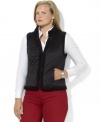 Lauren Ralph Lauren's luxurious plus size quilted satin vest reverses to a plush faux-shearling side, doubling the glamorous wardrobe-styling options for the modern woman.
