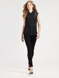 Tuxedo-inspired placket and cap sleeves make this semi-sheer silk top a chic choice for any season. Point collarButton frontPleated front placketCap sleevesSilkDry cleanImportedModel shown is 5'10 (177cm) wearing US size Small. Tuxedo-inspired placket and cap sleeves make this semi-sheer silk top a chic choice for any season. Point collarButton frontPleated front placketCap sleevesSilkDry cleanImportedModel shown is 5'10 (177cm) wearing US size Small.
