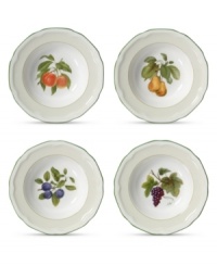 Your table comes to life! Four complementary antique prints add classic character to white porcelain fruit bowls with evergreen trim. Your table comes to life! Four complementary antique prints add classic character to white porcelain fruit bowls with evergreen trim.