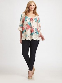 A feminine design featuring glorious flowers and pretty pleats is especially perfect for this season's floral trend. Pleat details at square necklineElbow-length sleevesScalloped, embroidered trimAbout 31 from shoulders to hemSilkMachine washImported A feminine design featuring glorious flowers and pretty pleats is especially perfect for this season's floral trend. Pleat details at square necklineElbow-length sleevesScalloped, embroidered trimAbout 31 from shoulders to hemSilkMachine washImported