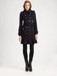 A ruffled hemline lends ladylike polish to this classic double-breasted design.Point collarEpaulettesGun flapDouble-breasted button frontSelf beltSide button pocketsBelted cuffsRuffled hemlineFully linedAbout 36 from shoulder to hemWool/cashmere/acetateDry cleanImportedModel shown is 5'11 (180cm) wearing US size 4. A ruffled hemline lends ladylike polish to this classic double-breasted design.Point collarEpaulettesGun flapDouble-breasted button frontSelf beltSide button pocketsBelted cuffsRuffled hemlineFully linedAbout 36 from shoulder to hemWool/cashmere/acetateDry cleanImportedModel shown is 5'11 (180cm) wearing US size 4.