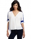 BCBGMAXAZRIA Women's Alaine Contrast Yoke V-Neck Top, White Combo, Medium