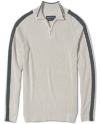 American Rag plays up the grab-it-and-go ease of this quarter-zip sweater by styling the sleeves with the same sleek stripes seen on track jackets. American Rag plays up the grab-it-and-go ease of this quarter-zip sweater by styling the sleeves with the same sleek stripes seen on track jackets.