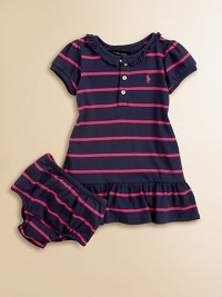 A boldly striped cotton frock is designed with a ruffled neckline, a pretty flared skirt and matching bloomers.Ruffled crewneckShort puffed sleevesButton frontDrop-waistRuffled hemCottonMachine washImported Please note: Number of buttons may vary depending on size ordered. 