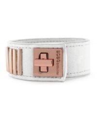 Lock up chic season style! BCBGeneration's trendy turnlock cuff bracelet features crisp hues and rosy tones in white PVC and rose-gold tone mixed metal. Approximate length: 8-1/2 inches. Lock up chic season style! BCBGeneration's trendy turnlock cuff bracelet features crisp hues and rosy tones in white PVC and rose-gold tone mixed metal. Approximate length: 8-1/2 inches.