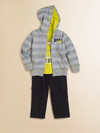 Comfort for crawling across the living room or the sandbox, offered by three soft pieces with street-smart distressed graphics.Zip-front, long-sleeve striped hoodie with abstract logo chest screen and split kangaroo pocketsLong-sleeve tee with ribbed crewneck and collage-like urban logo printTwill pants with snap close, back elastic waist and cargo pocketsHoodie and tee: 60% cotton/40% polyesterPants: cottonMachine washImported Comfort for crawling across the living room or the sandbox, offered by three soft pieces with street-smart distressed graphics.Zip-front, long-sleeve striped hoodie with abstract logo chest screen and split kangaroo pocketsLong-sleeve tee with ribbed crewneck and collage-like urban logo printTwill pants with snap close, back elastic waist and cargo pocketsHoodie and tee: 60% cotton/40% polyesterPants: cottonMachine washImported