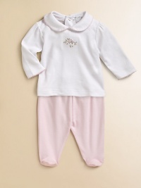 Crafted in lush pima cotton, a newborn's essential collared top and footed pants set features birdie embroidery and contrast stitching. Top Peter Pan collarLong sleevesBack snaps Pants Elastic waistbandPima cottonMachine washImported Please note: Number of snaps may vary depending on size ordered. 