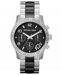 A structured steel chronograph watch from Michael Kors' Runway collection prettied up with sparkling crystal accents. A structured steel chronograph watch from Michael Kors' Runway collection prettied up with sparkling crystal accents.