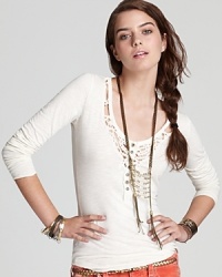 Delicate crocheted details add flourish to this Free People henley--wear it now, layer it down the road. Delicate crocheted details add flourish to this Free People henley--wear it now, layer it down the road.