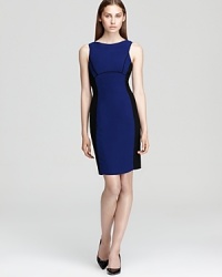 Piped trim lends a sporty feel to Shoshanna's color blocked dress--contrast-colored side panels show off a streamlined look. Piped trim lends a sporty feel to Shoshanna's color blocked dress--contrast-colored side panels show off a streamlined look.