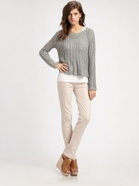 Semi-sheer, crocheted silk boatneck with ribbed details, dropped shoulders and a cropped hem. Ribbed boatneckDropped shouldersLong dolman sleevesRibbed cuffsCropped hemSilkDry cleanImported of Italian fabric Semi-sheer, crocheted silk boatneck with ribbed details, dropped shoulders and a cropped hem. Ribbed boatneckDropped shouldersLong dolman sleevesRibbed cuffsCropped hemSilkDry cleanImported of Italian fabric